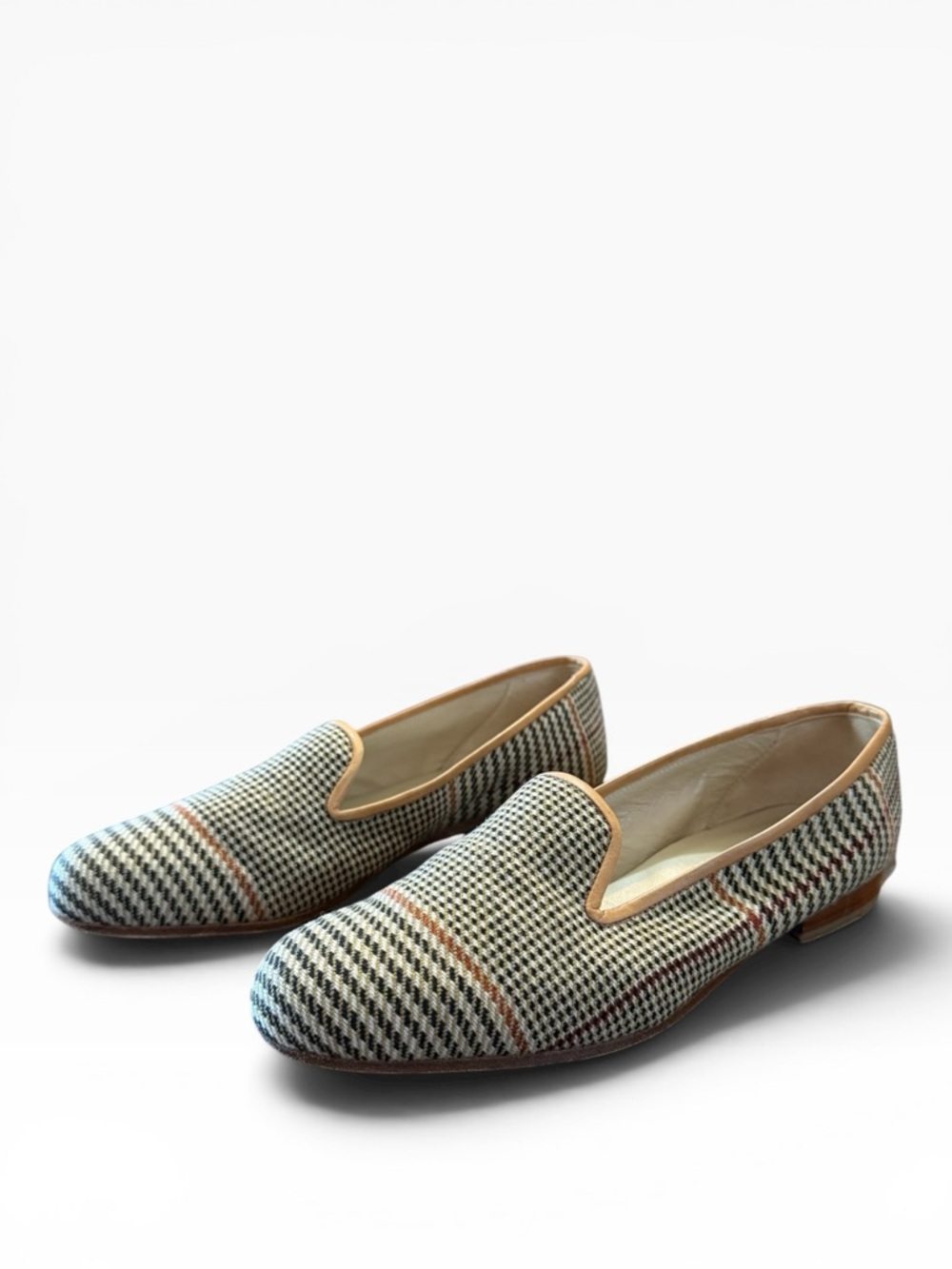 Stubbs & Wootton Plaid Tweed Smoking Loafers Slipper Flats Leather Trim Size 7.5